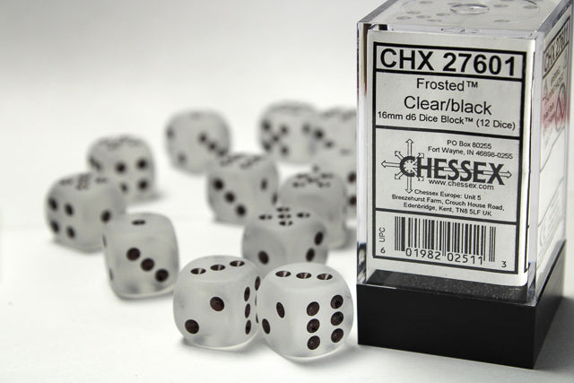 Chessex Frosted Clear/Black 16mm (12 d6 Dice)
