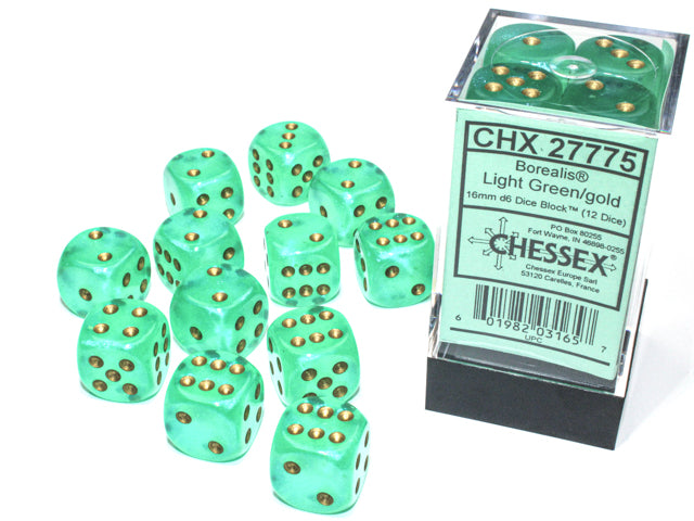 Chessex Borealis Light Green/Gold 16mm (12 d6 Dice)