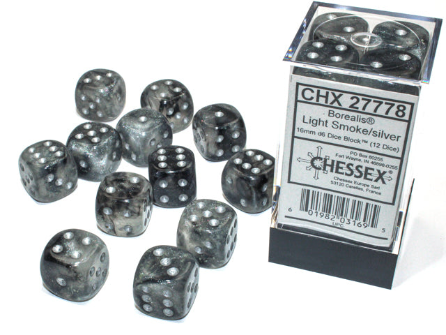 Chessex Borealis Light Smoke/Silver 16mm (12 d6 Dice)