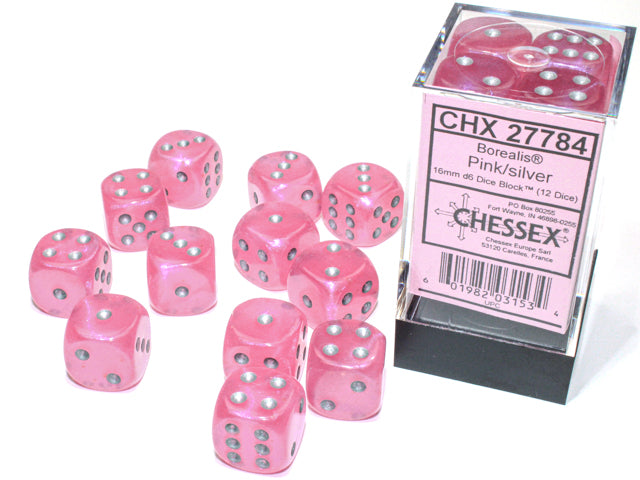 Chessex Borealis Pink/Silver 16mm (12 d6 Dice)