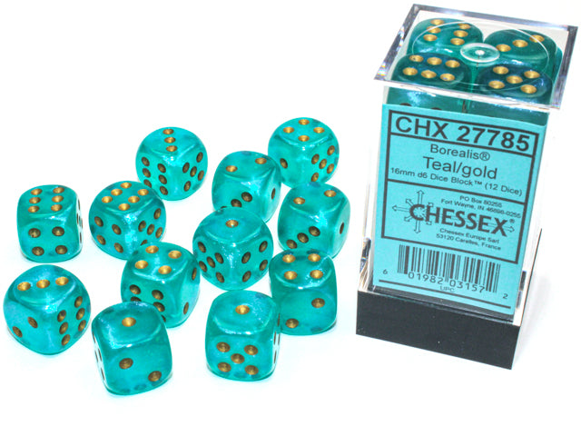Chessex Borealis Teal/Gold 16mm (12 d6 Dice)