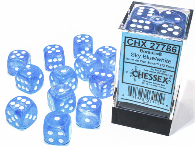 Chessex Borealis Sky Blue/White 16mm (12 d6 Dice)