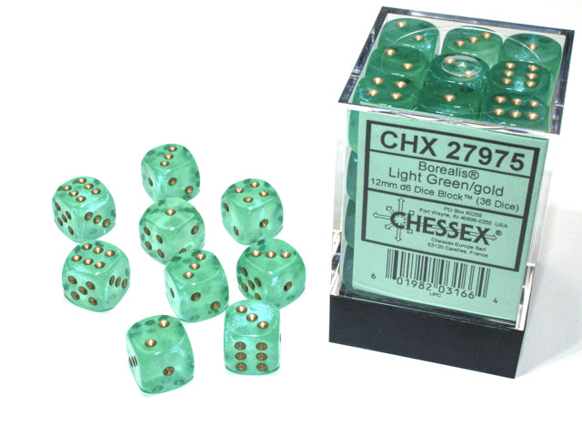 Chessex Borealis Light Green/Gold 12mm (36 d6 Dice)
