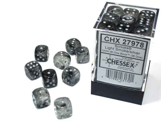 Chessex Borealis Light Smoke/Silver 12mm (36 d6 Dice)