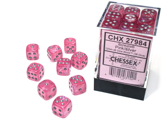 Chessex Borealis Pink/Silver 12mm (36 d6 Dice)