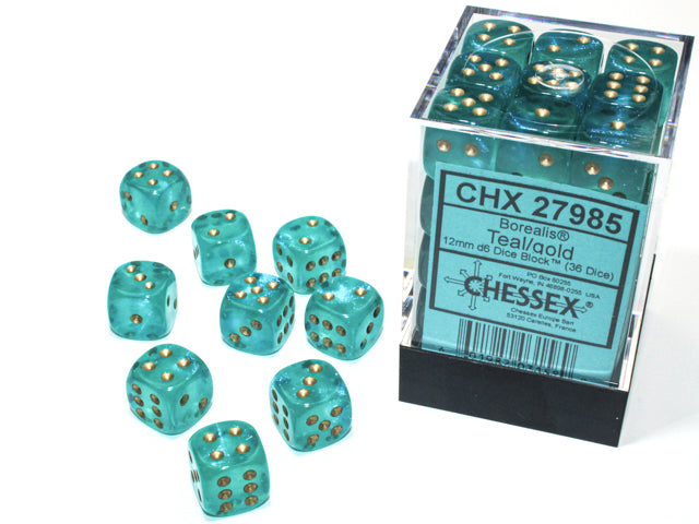 Chessex Borealis Teal/Gold 12mm (36 d6 Dice)