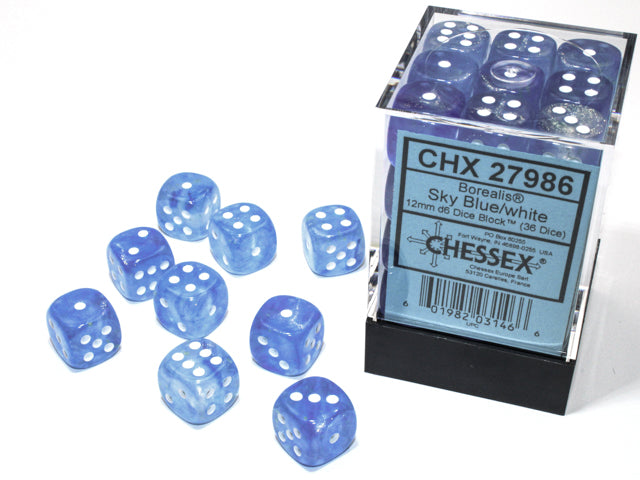 Chessex Borealis Sky Blue/White 12mm (36 d6 Dice)