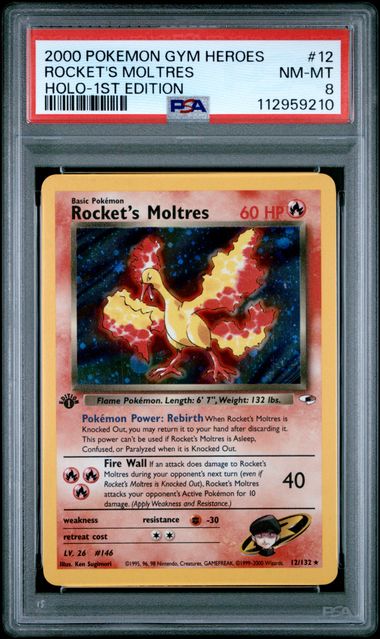 Rocket's Moltres 12/132 Gym Heroes 1st Edition PSA 8 112959210