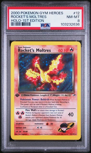 Rocket's Moltres- Holo 12/132 Gym Heroes 1st Edition PSA 8 103232636