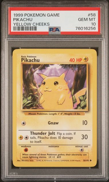Pikachu (Yellow Cheeks) 58/102 Base Set PSA 10 76016256