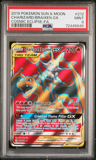 Charizard & Braixen GX 212/236 Cosmic Eclipse PSA 9 72445645