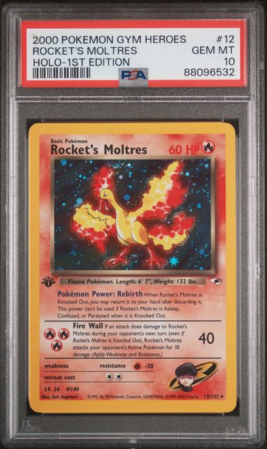 Rocket's Moltres - Holo 12/132 Gym Heroes 1st Edition PSA 10 88096532